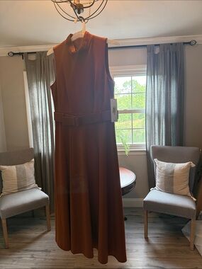 Calvin Klein Sleeveless Mock-Neck Maxi Dress in Rust